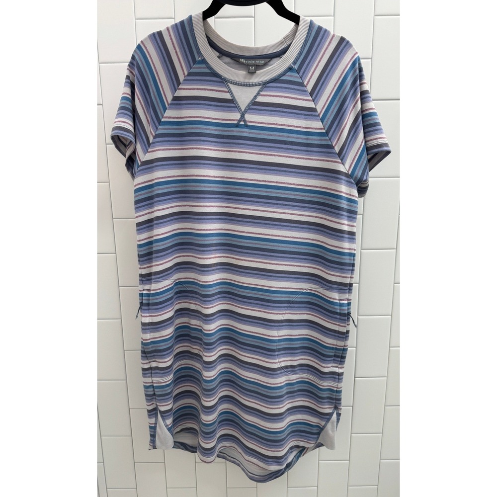 Title Nine Striped French Terry T-Shirt Dress Blue Purple Zipper Pockets Medium